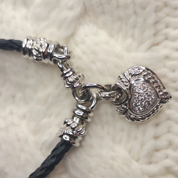 Judith Ripka Sterling Heart Charm Bracelet, Leather Band & Cubic Zirconia - Picture 8 of 12